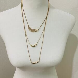 Boho Gold Rhinestone Feather Multichain Necklace